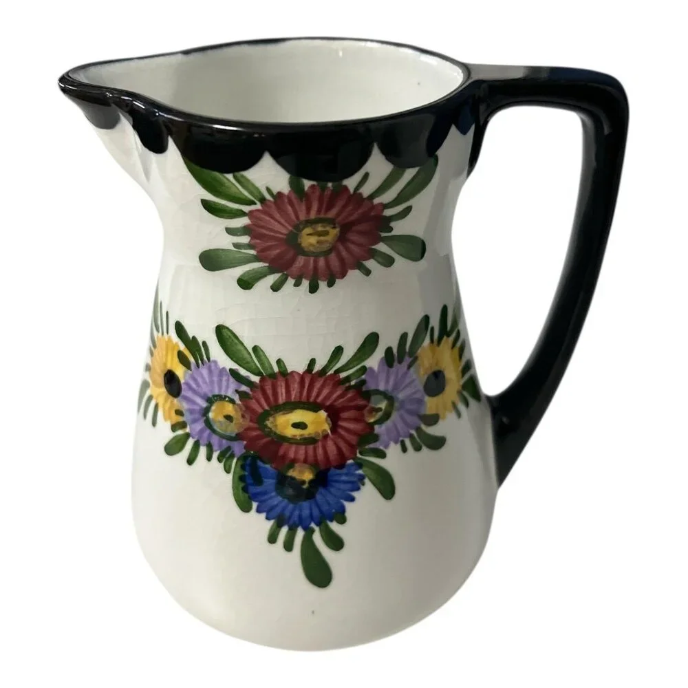 Vintage German Hand-Painted Floral Ceramic Pitcher 5” – Crackle Glaze, Black Rim